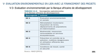 101
V- EVALUATION ENVIRONNEMENTALE EN LIEN AVEC LE FINANCEMENT DES PROJETS
V-3- Evaluation environnementale par la Banque africaine de développement
 