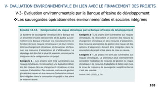103
V- EVALUATION ENVIRONNEMENTALE EN LIEN AVEC LE FINANCEMENT DES PROJETS
V-3- Evaluation environnementale par la Banque africaine de développement
Les sauvegardes opérationnelles environnementales et sociales intégrées
 