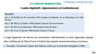 114
Exemples :
loi n° 2016-886 du 08 novembre 2016 portant Constitution de la République de Côte
d’Ivoire
loi n° 96-766 du 3 octobre 1996 portant Code de l’Environnement ;
loi n° 98-755 du 23 décembre 1998 portant Code de l’Eau ;
loi n° 95-15 du 12 janvier 1995 portant Code du Travail ;
Il s’agit également de décrire les conventions internationales et sous régionales signées
et/ou ratifiées par la Côte d’Ivoire et traitant des aspects environnementaux et sociaux.
 Exemple: Convention Cadre des Nations Unies sur la diversité biologique (1992).
V-I-PARTIE PERSPECTIVE
cadre législatif, réglementaire et institutionnel
V- PROCESSUS PRATIQUE DE L’EIES
 