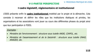 115
V-I-PARTIE PERSPECTIVE
cadre législatif, réglementaire et institutionnel
L’EIES présente enfin le cadre institutionnel mobilisé par le projet et la démarche. Cela
consiste à recenser et définir les rôles que les institutions étatiques et privées, les
organisations et les associations vont jouer au cours des différentes phases du projet ainsi
que leur participation à l’EIES.
Exemples :
 Ministère de l’environnement : structure sous tutelle ANDE, CIAPOL, etc.
 Ministère de l'assainissement et de la Salubrité : structure sous tutelle ONAD,
ANAGED, etc.
V- PROCESSUS PRATIQUE DE L’EIES
 