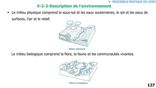 127
V-2-3-Description de l’environnement
 Le milieu physique comprend le sous-sol et les eaux souterraines, le sol et les eaux de
surfaces, l’air et le relief.
Le milieu biologique comprend la flore, la faune et les communautés vivantes.
V- PROCESSUS PRATIQUE DE L’EIES
 