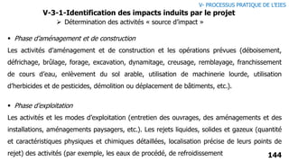 144
 Phase d’aménagement et de construction
Les activités d’aménagement et de construction et les opérations prévues (déboisement,
défrichage, brûlage, forage, excavation, dynamitage, creusage, remblayage, franchissement
de cours d’eau, enlèvement du sol arable, utilisation de machinerie lourde, utilisation
d’herbicides et de pesticides, démolition ou déplacement de bâtiments, etc.).
 Phase d’exploitation
Les activités et les modes d’exploitation (entretien des ouvrages, des aménagements et des
installations, aménagements paysagers, etc.). Les rejets liquides, solides et gazeux (quantité
et caractéristiques physiques et chimiques détaillées, localisation précise de leurs points de
rejet) des activités (par exemple, les eaux de procédé, de refroidissement
 Détermination des activités « source d’impact »
V- PROCESSUS PRATIQUE DE L’EIES
V-3-1-Identification des impacts induits par le projet
 