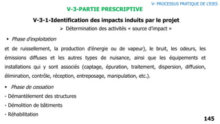 145
et de ruissellement, la production d’énergie ou de vapeur), le bruit, les odeurs, les
émissions diffuses et les autres types de nuisance, ainsi que les équipements et
installations qui y sont associés (captage, épuration, traitement, dispersion, diffusion,
élimination, contrôle, réception, entreposage, manipulation, etc.).
 Phase de cessation
- Démantèlement des structures
- Démolition de bâtiments
- Réhabilitation
 Détermination des activités « source d’impact »
 Phase d’exploitation
V- PROCESSUS PRATIQUE DE L’EIES
V-3-PARTIE PRESCRIPTIVE
V-3-1-Identification des impacts induits par le projet
 