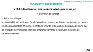 150
 Récepteur d’impact
la commodité de voisinage (bruit, vibrations, odeurs, émissions lumineuses et autres
émissions polluantes), l’hygiène, la santé, la sécurité et la salubrité publique, de même que
les interactions éventuelles entre ces différents éléments et l’évolution naturelle de
cet environnement.
 Définition de concept
V-3-PARTIE PRESCRIPTIVE
V- PROCESSUS PRATIQUE DE L’EIES
V-3-1-Identification des impacts induits par le projet
 