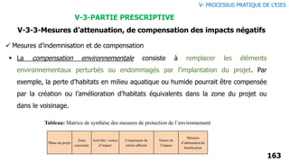 163
V-3-PARTIE PRESCRIPTIVE
 Mesures d’indemnisation et de compensation
 La compensation environnementale consiste à remplacer les éléments
environnementaux perturbés ou endommagés par l’implantation du projet. Par
exemple, la perte d’habitats en milieu aquatique ou humide pourrait être compensée
par la création ou l’amélioration d’habitats équivalents dans la zone du projet ou
dans le voisinage.
Tableau: Matrice de synthèse des mesures de protection de l’environnement
Phase du projet
Zone
concernée
Activités / source
d’impact
Composante du
milieu affectée
Nature de
l’impact
Mesures
d’atténuation/de
bonification
V- PROCESSUS PRATIQUE DE L’EIES
V-3-3-Mesures d’attenuation, de compensation des impacts négatifs
 
