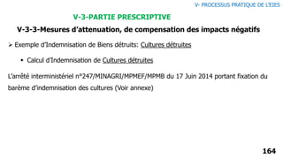 164
V- PROCESSUS PRATIQUE DE L’EIES
V-3-PARTIE PRESCRIPTIVE
V-3-3-Mesures d’attenuation, de compensation des impacts négatifs
 Exemple d’Indemnisation de Biens détruits: Cultures détruites
L’arrêté interministériel n°247/MINAGRI/MPMEF/MPMB du 17 Juin 2014 portant fixation du
barème d’indemnisation des cultures (Voir annexe)
 Calcul d’Indemnisation de Cultures détruites
 