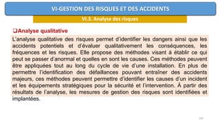 169
VI.3. Analyse des risques
VI-GESTION DES RISQUES ET DES ACCIDENTS
Analyse qualitative
L’analyse qualitative des risques permet d’identifier les dangers ainsi que les
accidents potentiels et d’évaluer qualitativement les conséquences, les
fréquences et les risques. Elle propose des méthodes visant à établir ce qui
peut se passer d’anormal et quelles en sont les causes. Ces méthodes peuvent
être appliquées tout au long du cycle de vie d’une installation. En plus de
permettre l’identification des défaillances pouvant entraîner des accidents
majeurs, ces méthodes peuvent permettre d’identifier les causes d’un incident
et les équipements stratégiques pour la sécurité et l’intervention. À partir des
résultats de l’analyse, les mesures de gestion des risques sont identifiées et
implantées.
 