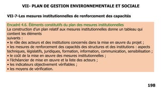 198
VII-7-Les mesures institutionnelles de renforcement des capacités
Encadré 4.6. Éléments constitutifs du plan des mesures institutionnelles
La construction d’un plan relatif aux mesures institutionnelles donne un tableau qui
contient les éléments
suivants :
• le rôle des acteurs et des institutions concernés dans la mise en œuvre du projet ;
• les mesures de renforcement des capacités des structures et des institutions : aspects
techniques, législatifs, juridiques, formation, information, communication, sensibilisation ;
• le coût de la mise en œuvre des mesures institutionnelles ;
• l’échéancier de mise en œuvre et la liste des acteurs ;
• les indicateurs objectivement vérifiables ;
• les moyens de vérification.
VII- PLAN DE GESTION ENVIRONNEMENTALE ET SOCIALE
 