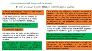 224
Contenu du rapport d’étude d’impact sur l’environnement
De façon générale, un document d’EIES doit contenir les sections suivantes :
1- résumé non technique contenant un bref exposé
des différentes parties de l’étude ;
2-une introduction qui situe le contexte du
projet et présente le promoteur et le bureau
d’étude ou le consultant chargé de l’EIES ;
3-les contextes politique, juridique et
administratif de l’EIES ;
4-la justification du projet ;
5-la description du projet et des différentes
variantes pour le mener à bien, en fonction des
contextes géographique, écologique, social et
temporel ;
6-la description de l’environnement, notamment
les conditions physiques, biologiques,
socioéconomiques et d’utilisation des ressources
existant avant le développement du projet ;
7-une analyse des différentes variantes comparant la
conception, le site, les options technologiques et
opérationnelles de façon systématique (et quantitative si
possible), en fonction des impacts environnementaux
potentiels, des coûts d’investissement et d’exploitation, de
la pertinence et des exigences institutionnelles, de
surveillance et de suivi ;
8-une analyse des impacts environnementaux potentiels,
positifs et négatifs, qui résulteront probablement du projet
proposé et des incertitudes quant à leurs prévisions ;
9-la détermination des mesures d’atténuation, des
impacts résiduels impossibles à atténuer et des
possibilités d’améliorer l’environnement ;
10-le plan de gestion environnementale et sociale (les
programmes de surveillance et de suivi de
l’environnement et, éventuellement, les mesures de
renforcement des capacités) ;
 