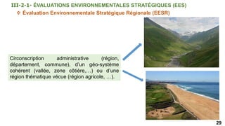 29
 Évaluation Environnementale Stratégique Régionale (EESR)
Circonscription administrative (région,
département, commune), d’un géo-système
cohérent (vallée, zone côtière,…) ou d’une
région thématique vécue (région agricole, …).
III-2-1- ÉVALUATIONS ENVIRONNEMENTALES STRATÉGIQUES (EES)
 