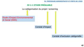 45
IV-1-1 ETUDE PRÉALABLE
IV- PROCEDURE ADMINISTRATIF ET PORTE DE L’EIES
La catégorisation du projet / screening
Etude d’Impact Environnemental
et Social (EIES)
Constat d’impact
Constat d’exclusion catégorielle
 