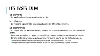 LES BASES D’UML
Les éléments
🢝 Ce sont les abstractions essentielles au modèle.
Les relations
🢝 Les relations expriment les liens existants entre les différents éléments.
Les diagrammes
🢝 Un diagramme est une représentation visuelle de l’ensemble des éléments qui constituent le
système
🢝 Ils servent à visualiser un système sous différents angles (utilisateur
, administrateur par ex.)
🢝 Dans les systèmes complexes, un diagramme ne fournit qu’une vue partielle du système
🢝 L’ensemble des diagrammes réunis permet d’obtenir une vue globale du système à concevoir
🢝 Chaque diagramme va permettre de modéliser ou spécifier une vue (spécificité) du système à concevoir
 