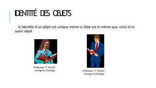 IDENTITÉ DES OBJETS
L’identité d’un objet est unique même si l’état est le même que celui d’un
autre objet
Professeur “C Martin”
enseigne la biologie Professeur “C Martin”
enseigne la biologie
 