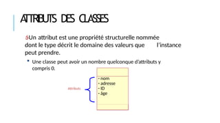A
TTRIBUTS DES CLASSES
Un attribut est une propriété structurelle nommée
dont le type décrit le domaine des valeurs que l’instance
peut prendre.
 Une classe peut avoir un nombre quelconque d’attributs y
compris 0.
Attributs
- nom
- adresse
- ID
- âge
 