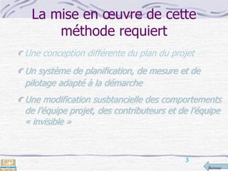 Retour
La mise en œuvre de cette
méthode requiert
Une conception différente du plan du projet
Un système de planification, de mesure et de
pilotage adapté à la démarche
Une modification susbtancielle des comportements
de l’équipe projet, des contributeurs et de l’équipe
« invisible »
3
 