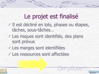 Retour
Le projet est finalisé
Il est décliné en lots, phases ou étapes,
tâches, sous-tâches…
Les risques sont identifiés, des plans
sont prévus
Les marges sont identifiées
Les ressources sont affectées
On pilote….
 