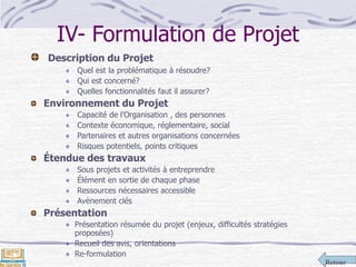Retour
IV- Formulation de Projet
Description du Projet
Quel est la problématique à résoudre?
Qui est concerné?
Quelles fonctionnalités faut il assurer?
Environnement du Projet
Capacité de l’Organisation , des personnes
Contexte économique, réglementaire, social
Partenaires et autres organisations concernées
Risques potentiels, points critiques
Étendue des travaux
Sous projets et activités à entreprendre
Élément en sortie de chaque phase
Ressources nécessaires accessible
Avènement clés
Présentation
Présentation résumée du projet (enjeux, difficultés stratégies
proposées)
Recueil des avis, orientations
Re-formulation
 