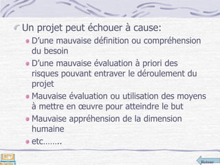 Retour
Un projet peut échouer à cause:
D’une mauvaise définition ou compréhension
du besoin
D’une mauvaise évaluation à priori des
risques pouvant entraver le déroulement du
projet
Mauvaise évaluation ou utilisation des moyens
à mettre en œuvre pour atteindre le but
Mauvaise appréhension de la dimension
humaine
etc……..
 