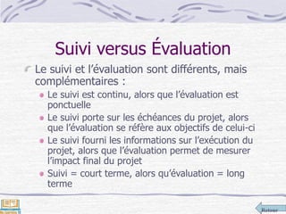 Retour
Suivi versus Évaluation
Le suivi et l’évaluation sont différents, mais
complémentaires :
Le suivi est continu, alors que l’évaluation est
ponctuelle
Le suivi porte sur les échéances du projet, alors
que l’évaluation se réfère aux objectifs de celui-ci
Le suivi fourni les informations sur l’exécution du
projet, alors que l’évaluation permet de mesurer
l’impact final du projet
Suivi = court terme, alors qu’évaluation = long
terme
 