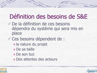 Retour
Définition des besoins de S&E
De la définition de ces besoins
dépendra du système qui sera mis en
place
Ces besoins dépendent de :
la nature du projet
De sa taille
De son but
Des attentes des acteurs
 