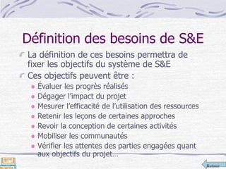 Retour
Définition des besoins de S&E
La définition de ces besoins permettra de
fixer les objectifs du système de S&E
Ces objectifs peuvent être :
Évaluer les progrès réalisés
Dégager l’impact du projet
Mesurer l’efficacité de l’utilisation des ressources
Retenir les leçons de certaines approches
Revoir la conception de certaines activités
Mobiliser les communautés
Vérifier les attentes des parties engagées quant
aux objectifs du projet…
 