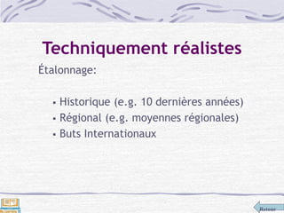 Retour
Techniquement réalistes
Étalonnage:
 Historique (e.g. 10 dernières années)
 Régional (e.g. moyennes régionales)
 Buts Internationaux
 