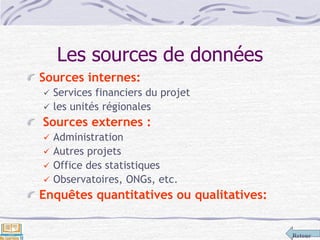 Retour
Les sources de données
Sources internes:
 Services financiers du projet
 les unités régionales
Sources externes :
 Administration
 Autres projets
 Office des statistiques
 Observatoires, ONGs, etc.
Enquêtes quantitatives ou qualitatives:
 