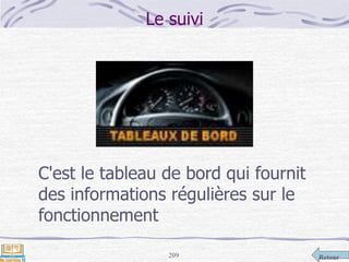 Retour209
Le suivi
C'est le tableau de bord qui fournit
des informations régulières sur le
fonctionnement
 