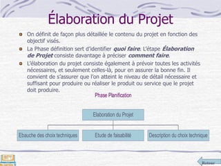 Retour
Élaboration du Projet
On définit de façon plus détaillée le contenu du projet en fonction des
objectif visés.
La Phase définition sert d’identifier quoi faire. L’étape Élaboration
de Projet consiste davantage à préciser comment faire.
L’élaboration du projet consiste également à prévoir toutes les activités
nécessaires, et seulement celles-là, pour en assurer la bonne fin. Il
convient de s’assurer que l’on atteint le niveau de détail nécessaire et
suffisant pour produire ou réaliser le produit ou service que le projet
doit produire.
Phase Planification
Ebauche des choix techniques Etude de faisabilité Description du choix technique
Elaboration du Projet
 