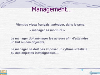 Retour
Management…
Vient du vieux français, ménager, dans le sens:
« ménager sa monture »
Le manager doit ménager les acteurs afin d’atteindre
un but ou des objectifs.
Le manager ne doit pas imposer un rythme irréaliste
ou des objectifs inatteignables…
3
 
