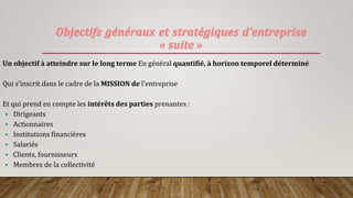 Objectifs généraux et stratégiques d’entreprise
« suite »
Un objectif à atteindre sur le long terme En général quantifié, à horizon temporel déterminé
Qui s’inscrit dans le cadre de la MISSION de l’entreprise
Et qui prend en compte les intérêts des parties prenantes :
 Dirigeants
 Actionnaires
 Institutions financières
 Salariés
 Clients, fournisseurs
 Membres de la collectivité
 