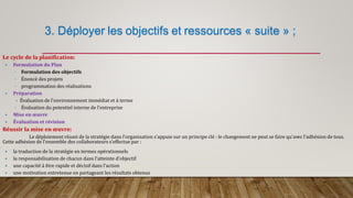 3. Déployer les objectifs et ressources « suite » ;
Le cycle de la planification:
 Formulation du Plan
◦ Formulation des objectifs
◦ Énoncé des projets
◦ programmation des réalisations
 Préparation
- Évaluation de l’environnement immédiat et à terme
◦ Évaluation du potentiel interne de l’entreprise
 Mise en œuvre
 Évaluation et révision
Réussir la mise en œuvre:
Le déploiement réussi de la stratégie dans l’organisation s’appuie sur un principe clé : le changement ne peut se faire qu’avec l’adhésion de tous.
Cette adhésion de l’ensemble des collaborateurs s’effectue par :
 la traduction de la stratégie en termes opérationnels
 la responsabilisation de chacun dans l’atteinte d’objectif
 une capacité à être rapide et décisif dans l’action
 une motivation entretenue en partageant les résultats obtenus
 