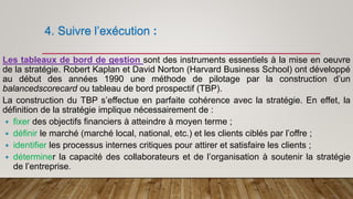 4. Suivre l’exécution :
Les tableaux de bord de gestion sont des instruments essentiels à la mise en oeuvre
de la stratégie. Robert Kaplan et David Norton (Harvard Business School) ont développé
au début des années 1990 une méthode de pilotage par la construction d’un
balancedscorecard ou tableau de bord prospectif (TBP).
La construction du TBP s’effectue en parfaite cohérence avec la stratégie. En effet, la
définition de la stratégie implique nécessairement de :
 fixer des objectifs financiers à atteindre à moyen terme ;
 définir le marché (marché local, national, etc.) et les clients ciblés par l’offre ;
 identifier les processus internes critiques pour attirer et satisfaire les clients ;
 déterminer la capacité des collaborateurs et de l’organisation à soutenir la stratégie
de l’entreprise.
 