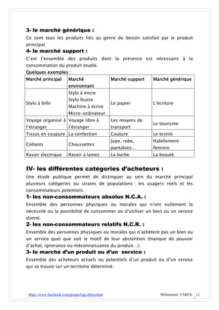 3- le marché générique :
Ce sont tous les produits liés au genre du besoin satisfait par le produit
principal.
4- le marché support :
C’est l’ensemble des produits dont la présence est nécessaire à la
consommation du produit étudié.
Quelques exemples :
Marché principal          Marché                   Marché support   Marché générique
                          environnant
                          Stylo à encre
                          Stylo feutre
Stylo à bille                                      Le papier        L’écriture
                          Machine à écrire
                          Micro-ordinateur
Voyage organisé à Voyage libre à                   Les moyens de
                                                                    Le tourisme
l’étranger                l’étranger               transport
Tissus en coupure La confection                    Couture          Le textile
                                                   Jupe, robe,      Habillement
Collants                  Chaussettes
                                                   pantalons…       féminin
Rasoir électrique         Rasoir à lames           La barbe         La beauté


IV- les différentes catégories d’acheteurs :
Une étude publique permet de distinguer au sein du marché principal
plusieurs catégories ou strates de populations : les usagers réels et les
consommateurs potentiels.
1- les non-consommateurs absolus N.C.A. :
Ensemble des personnes physiques ou morales qui n’ont nullement la
nécessité ou la possibilité de consommer ou d’utiliser un bien ou un service
donné.
2- les non-consommateurs relatifs N.C.R. :
Ensemble des personnes physiques ou morales qui n’achètent pas un bien ou
un service quel que soit le motif de leur abstention (manque de pouvoir
d’achat, ignorance ou méconnaissance du produit…).
3- le marché d’un produit ou d’un service :
Ensemble des acheteurs actuels ou potentiels d’un produit ou d’un service
qui se trouve sur un territoire déterminé.




 https://www.facebook.com/groups/tsge.alhoceima/                       Mohammed FARES| 11
 