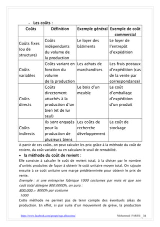 - Les coûts :
     Coûts                Définition               Exemple général Exemple de coût
                                                                     commercial
                     Coûts                         Le loyer des    Le loyer de
Coûts fixes
                     indépendants                  bâtiments       l’entrepôt
(ou de
                     du volume de                                  d’expédition
structure)
                     la production
                     Coûts variant en Les achats de                Les frais postaux
Coûts                fonction du                   marchandises    d’expédition (cas
variables            volume                                        de la vente par
                     de la production                              correspondance)
                     Coûts                         Le bois d’un    Le coût
                     directement                   meuble          d’emballage
Coûts                attachés à la                                 d’expédition
directs              production d’un                               d’un produit
                     bien (et de lui
                     seul)
                     Ils sont engagés Les coûts de                 Le coût de
Coûts                pour la                       recherche       stockage
indirects            production de                 développement
                     plusieurs biens
A partir de ces coûts, on peut calculer les prix grâce à la méthode du coût de
revient, du coût variable ou en calculant le seuil de rentabilité.
 la méthode du coût de revient :
Elle consiste à calculer le coût de revient total, à la diviser par le nombre
d’unités produites de façon à obtenir le coût unitaire moyen total. On rajoute
ensuite à ce coût unitaire une marge prédéterminée pour obtenir le prix de
vente.
Exemple : si une entreprise fabrique 1000 costumes par mois et que son
coût total atteigne 800.000Dh, on aura :
800.000 = 800Dh par costume
 1000
Cette méthode ne permet pas de tenir compte des éventuels aléas de
production. En effet, si par suite d’un mouvement de grève, la production


 https://www.facebook.com/groups/tsge.alhoceima/                       Mohammed FARES| 38
 