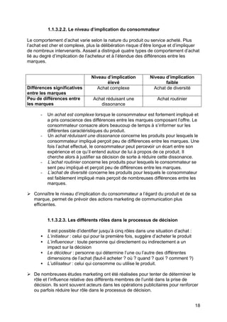 18
1.1.3.2.2. Le niveau d’implication du consommateur
Le comportement d’achat varie selon la nature du produit ou service acheté. Plus
l’achat est cher et complexe, plus la délibération risque d’être longue et d’impliquer
de nombreux intervenants. Assael a distingué quatre types de comportement d’achat
lié au degré d’implication de l’acheteur et à l’étendue des différences entre les
marques.
Niveau d’implication
élevé
Niveau d’implication
faible
Différences significatives
entre les marques
Achat complexe Achat de diversité
Peu de différences entre
les marques
Achat réduisant une
dissonance
Achat routinier
- Un achat est complexe lorsque le consommateur est fortement impliqué et
a pris conscience des différences entre les marques composant l’offre. Le
consommateur consacre alors beaucoup de temps à s’informer sur les
différentes caractéristiques du produit.
- Un achat réduisant une dissonance concerne les produits pour lesquels le
consommateur impliqué perçoit peu de différences entre les marques. Une
fois l’achat effectué, le consommateur peut percevoir un écart entre son
expérience et ce qu’il entend autour de lui à propos de ce produit. Il
cherche alors à justifier sa décision de sorte à réduire cette dissonance.
- L’achat routinier concerne les produits pour lesquels le consommateur se
sent peu impliqué et perçoit peu de différences entre les marques.
- L’achat de diversité concerne les produits pour lesquels le consommateur
est faiblement impliqué mais perçoit de nombreuses différences entre les
marques.
Ø Connaître le niveau d’implication du consommateur a l’égard du produit et de sa
marque, permet de prévoir des actions marketing de communication plus
efficientes.
1.1.3.2.3. Les différents rôles dans le processus de décision
Il est possible d’identifier jusqu’à cinq rôles dans une situation d’achat :
• L’initiateur : celui qui pour la première fois, suggère d’acheter le produit
• L’influenceur : toute personne qui directement ou indirectement a un
impact sur la décision
• Le décideur : personne qui détermine l’une ou l’autre des différentes
dimensions de l’achat (faut-il acheter ? où ? quand ? quoi ? comment ?)
• L’utilisateur : celui qui consomme ou utilise le produit.
Ø De nombreuses études marketing ont été réalisées pour tenter de déterminer le
rôle et l’influence relative des différents membres de l’unité dans la prise de
décision. Ils sont souvent acteurs dans les opérations publicitaires pour renforcer
ou parfois réduire leur rôle dans le processus de décision.
 