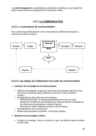 58
Le yield management qui généralise les modulations tarifaires, a pour objectif de
lisser la demande tout en augmentant le volume des ventes.
2.2.3. LA COMMUNICATION
2.2.3.1. Le processus de communication
Pour communiquer efficacement, il faut comprendre les différents éléments du
processus de communication.
2.2.3.2. Les étapes de l’élaboration d’un plan de communication
♦ rédaction de la stratégie de la communication
• Définition des objectifs et rappel du rôle de la communication dans le mix de
l’annonceur (notoriété, attrait, préférence, éliminer un frein, améliorer
l’image…
• Caractéristiques des cibles de communication :
- définition de la cible : on distingue généralement le cœur de cible
(personnes directement concernées) de la cible secondaire constituée par
les influenceurs (prescripteurs, leaders d’opinion
- attitude de la cible à l’égard du produit ou de la marque…
• Caractéristiques de la concurrence.
• Rappel des principales contraintes : financières, légales…
♦ Rédaction de la stratégie créative
• Contenu du message : trouver un thème, un axe, une idée de nature à motiver
la cible visée.
MEDIA
Codage Décodage
Message
Emetteur Récepteur
BRUIT
Réponse Feedback
 