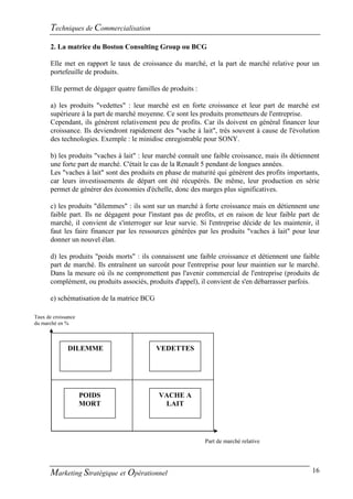 Techniques de Commercialisation
       2. La matrice du Boston Consulting Group ou BCG

       Elle met en rapport le taux de croissance du marché, et la part de marché relative pour un
       portefeuille de produits.

       Elle permet de dégager quatre familles de produits :

       a) les produits "vedettes" : leur marché est en forte croissance et leur part de marché est
       supérieure à la part de marché moyenne. Ce sont les produits prometteurs de l'entreprise.
       Cependant, ils génèrent relativement peu de profits. Car ils doivent en général financer leur
       croissance. Ils deviendront rapidement des "vache à lait", très souvent à cause de l'évolution
       des technologies. Exemple : le minidisc enregistrable pour SONY.

       b) les produits "vaches à lait" : leur marché connaît une faible croissance, mais ils détiennent
       une forte part de marché. C'était le cas de la Renault 5 pendant de longues années.
       Les "vaches à lait" sont des produits en phase de maturité qui génèrent des profits importants,
       car leurs investissements de départ ont été récupérés. De même, leur production en série
       permet de générer des économies d'échelle, donc des marges plus significatives.

       c) les produits "dilemmes" : ils sont sur un marché à forte croissance mais en détiennent une
       faible part. Ils ne dégagent pour l'instant pas de profits, et en raison de leur faible part de
       marché, il convient de s'interroger sur leur survie. Si l'entreprise décide de les maintenir, il
       faut les faire financer par les ressources générées par les produits "vaches à lait" pour leur
       donner un nouvel élan.

       d) les produits "poids morts" : ils connaissent une faible croissance et détiennent une faible
       part de marché. Ils entraînent un surcoût pour l'entreprise pour leur maintien sur le marché.
       Dans la mesure où ils ne compromettent pas l'avenir commercial de l'entreprise (produits de
       complément, ou produits associés, produits d'appel), il convient de s'en débarrasser parfois.

       e) schématisation de la matrice BCG

Taux de croissance
du marché en %



              DILEMME                        VEDETTES




                     POIDS                   VACHE A
                     MORT                     LAIT




                                                              Part de marché relative




       Marketing Stratégique et Opérationnel                                                        16
 