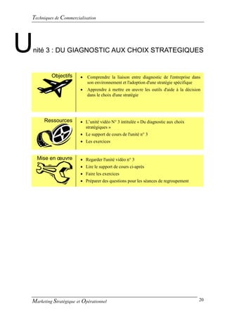 Techniques de Commercialisation




U   nité 3 : DU GIAGNOSTIC AUX CHOIX STRATEGIQUES


          Objectifs        Comprendre la liaison entre diagnostic de l'entreprise dans
                            son environnement et l'adoption d'une stratégie spécifique
                           Apprendre à mettre en œuvre les outils d'aide à la décision
                            dans le choix d'une stratégie




       Ressources       L’unité vidéo N° 3 intitulée « Du diagnostic aux choix
                         stratégiques »
                        Le support de cours de l'unité n° 3
                         Les exercices


     Mise en œuvre       Regarder l'unité vidéo n° 3
                         Lire le support de cours ci-après
                         Faire les exercices
                         Préparer des questions pour les séances de regroupement




Marketing Stratégique et Opérationnel                                                 20
 