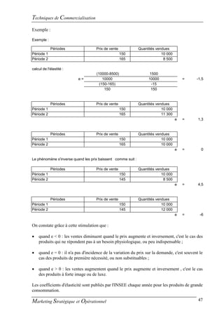 Techniques de Commercialisation
Exemple :

Exemple :

            Périodes                Prix de vente             Quantités vendues
Période 1                                           150                    10 000
Période 2                                           165                     8 500

calcul de l'élastité :
                                    (10000-8500)                    1500
                          e=            10000                      10000                =    -1,5
                                      (150-165)                      -15
                                         150                         150


            Périodes                Prix de vente             Quantités vendues
Période 1                                           150                    10 000
Période 2                                           165                    11 300
                                                                                    e   =     1,3


            Périodes                Prix de vente             Quantités vendues
Période 1                                           150                    10 000
Période 2                                           165                    10 000
                                                                                    e   =       0

Le phénomène s'inverse quand les prix baissent comme suit :

            Périodes                Prix de vente             Quantités vendues
Période 1                                           150                    10 000
Période 2                                           145                     8 500
                                                                                    e   =     4,5


            Périodes                Prix de vente             Quantités vendues
Période 1                                           150                    10 000
Période 2                                           145                    12 000
                                                                                    e   =      -6

On constate grâce à cette stimulation que :

   quand e < 0 : les ventes diminuent quand le prix augmente et inversement, c'est le cas des
    produits qui ne répondent pas à un besoin physiologique, ou peu indispensable ;

   quand e = 0 : il n'a pas d'incidence de la variation du prix sur la demande, c'est souvent le
    cas des produits de première nécessité, ou non substituables ;

   quand e > 0 : les ventes augmentent quand le prix augmente et inversement , c'est le cas
    des produits à forte image ou de luxe.

Les coefficients d'élasticité sont publiés par l'INSEE chaque année pour les produits de grande
consommation.

Marketing Stratégique et Opérationnel                                                         47
 