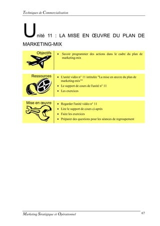 Techniques de Commercialisation




U        nité 11 : LA MISE EN ŒUVRE DU PLAN DE
MARKETING-MIX
         Objectifs         Savoir programmer des actions dans le cadre du plan de
                            marketing-mix




      Ressources        L'unité vidéo n° 11 intitulée "La mise en œuvre du plan de
                         marketing-mix""
                         Le support de cours de l'unité n° 11
                         Les exercices


  Mise en œuvre          Regarder l'unité vidéo n° 11
                         Lire le support de cours ci-après
                         Faire les exercices
                         Préparer des questions pour les séances de regroupement




Marketing Stratégique et Opérationnel                                                 67
 