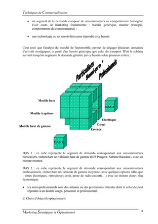 Techniques de Commercialisation
          un segment de la demande composé de consommateurs au comportement homogène
           (voir cours de marketing fondamental : marché générique, marché principal,
           comportement du consommateur) ;

          une technologie ou un savoir-faire pour répondre à ce besoin.


  C'est ainsi que l'analyse du marché de l'automobile, permet de dégager plusieurs domaines
  d'activité stratégiques, à partir d'un besoin générique que celui du transport. D'où le schéma
  suivant lorsqu'on segmente la demande générée par ce besoin selon plusieurs critère :




               Modèle base

                                                                    DAS 2

          Modèle à options

                                                                Electrique
                                                            Diesel
Modèle haut de gamme
                                                        Essence



                             DAS 1


  DAS 1 : ce cube représente le segment de demande correspondant aux consommateurs
  particuliers, recherchant un véhicule haut de gamme (605 Peugeot, Safrane Baccarat), avec un
  moteur essence.

  DAS 2 : ce cube représente le segment de demande correspondant aux consommateurs
  professionnels, recherchant un véhicule de gamme moyenne (avec quelques options telles que
  : vitres électriques, rétroviseurs droit, poste de radio-cassette…) avec un moteur diesel plus
  économique.

     les semi-professionnels sont des artisans ou des professions libérales dont le véhicule peut
      répondre à un double usage, personnel et professionnel.

  d) Choix d'objectifs opérationnels



  Marketing Stratégique et Opérationnel                                                         9
 