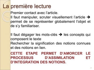 La première lecture
18
Premier contact avec l’article.
Il faut manipuler, scruter visuellement l’article 
permet de se représenter globalement l’objet et
de s’y familiariser.
Il faut dégager les mots-clés  les concepts qui
composent le texte
Rechercher la signification des notions connues
et des notions en lien.
CETTE ETAPE PERMET D’AMORCER LE
PROCESSUS D’ASSIMILATION ET
D’INTEGRATION DES NOTIONS.
 