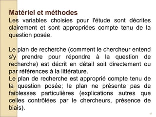 58
Matériel et méthodes
Les variables choisies pour l'étude sont décrites
clairement et sont appropriées compte tenu de la
question posée.
Le plan de recherche (comment le chercheur entend
s'y prendre pour répondre à la question de
recherche) est décrit en détail soit directement ou
par références à la littérature.
Le plan de recherche est approprié compte tenu de
la question posée; le plan ne présente pas de
faiblesses particulières (explications autres que
celles contrôlées par le chercheurs, présence de
biais).
 
