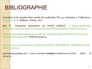 BIBLIOGRAPHIE
68
L'analyse et le résumé d'un article de recherche UE 3.4, semestre 4. Collection :
Réussir en IFSI. Editeur : Estem. 2012
Joly P. Comment interpréter un article médical : http://medecine-
pharmacie.univ-rouen.fr/servlet/com.univ.collaboratif.utils. Visité le 13/04/14.
http://guides.bib.umontreal.ca/uploads/uploads/original/grille-de-lecture-de-
Bordage.pdf?1296229861 Visité le 13/04/14
http://www.rse.umontreal.ca/FORMALISATION_RECHERCHE_THEORIQUE.pdf
visité le 13/04/12
psychologie.psyblogs.net/.../cours-comment-analyser-simplement-et.html visité le
13/04/14
 