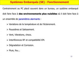 22
Contrairement au PC placé souvent dans un bureau, un système embarqué
doit faire face à des environnements plus nuisibles où il doit faire face à
un ensemble de paramètres alarmants :
 Variations de la température et de l’éclairement.
 Poussières et Salissement.
 Vent, Vibrations, chocs.
 Interférences RF et compatibilité EM.
 Dégradation et Corrosion.
 Pluie, feu...
Systèmes Embarqués (SE) : Fonctionnement
 
