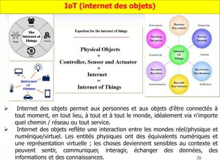 26
IoT (internet des objets)
 Internet des objets permet aux personnes et aux objets d'être connectés à
tout moment, en tout lieu, à tout et à tout le monde, idéalement via n'importe
quel chemin / réseau ou tout service.
 Internet des objets reflète une interaction entre les mondes réel/physique et
numérique/virtuel. Les entités physiques ont des équivalents numériques et
une représentation virtuelle ; les choses deviennent sensibles au contexte et
peuvent sentir, communiquer, interagir, échanger des données, des
informations et des connaissances.
 