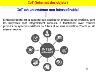 28
L'interopérabilité est la capacité que possède un produit ou un système, dont
les interfaces sont intégralement connues, à fonctionner avec d'autres
produits ou systèmes existants ou futurs et ce sans restriction d'accès ou de
mise en œuvre.
IoT (internet des objets)
IoT est un système non interopérable!
 