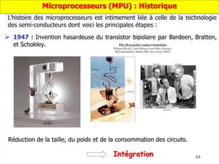  1947 : Invention hasardeuse du transistor bipolaire par Bardeen, Bratten,
et Schokley.
Réduction de la taille, du poids et de la consommation des circuits.
Intégration
L'histoire des microprocesseurs est intimement liée à celle de la technologie
des semi-conducteurs dont voici les principales étapes :
64
Microprocesseurs (MPU) : Historique
 