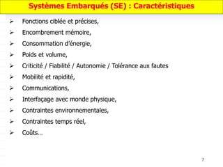 7
Systèmes Embarqués (SE) : Caractéristiques
 Fonctions ciblée et précises,
 Encombrement mémoire,
 Consommation d’énergie,
 Poids et volume,
 Criticité / Fiabilité / Autonomie / Tolérance aux fautes
 Mobilité et rapidité,
 Communications,
 Interfaçage avec monde physique,
 Contraintes environnementales,
 Contraintes temps réel,
 Coûts…
 